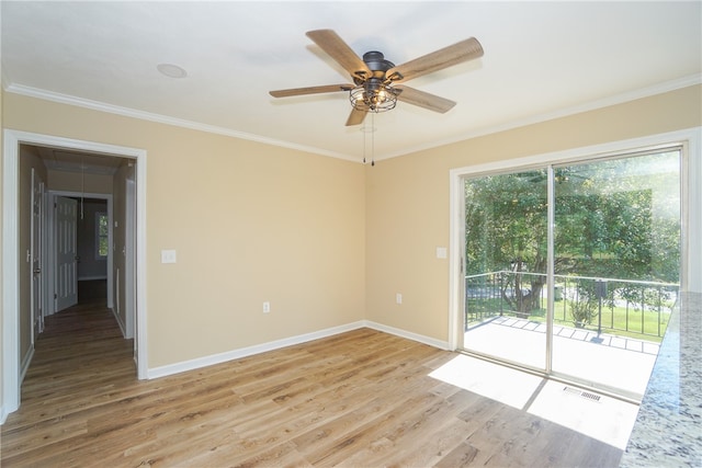 606 N Catherine St, Walhalla, SC 29691 - empty room featuring light wood-style flooring, crown molding, and ceiling fan