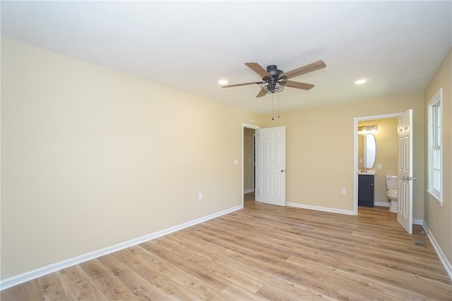 606 N Catherine St, Walhalla, SC 29691 - unfurnished bedroom featuring recessed lighting, light wood-style flooring, ensuite bath, and ceiling fan
