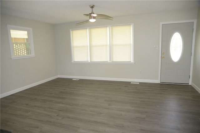 entryway featuring dark hardwood / wood-style floors, ceiling fan, and a wealth of natural light