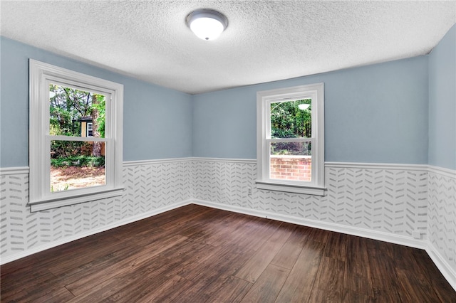 spare room featuring a textured ceiling, hardwood / wood-style floors, and a healthy amount of sunlight