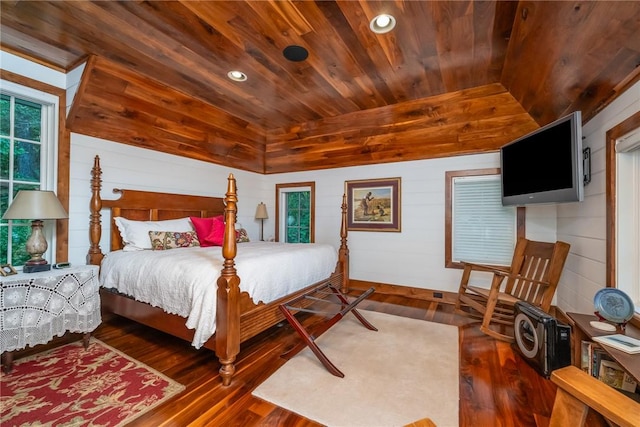 bedroom with wooden ceiling, dark wood-type flooring, and wood walls