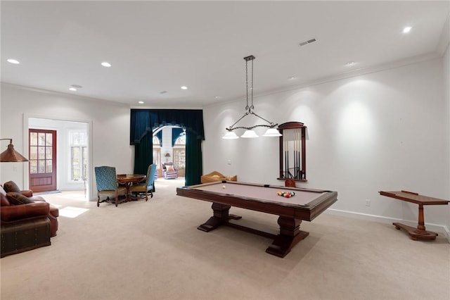 rec room with light colored carpet, ornamental molding, and pool table