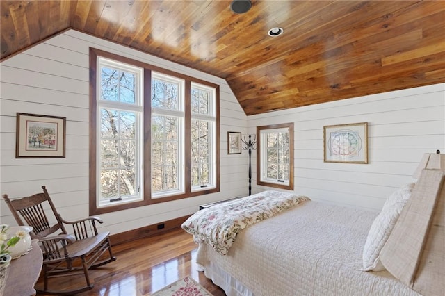 604 Top Ridge Dr, Sunset, SC 29685 - bedroom with wooden ceiling, lofted ceiling, wood finished floors, and wooden walls