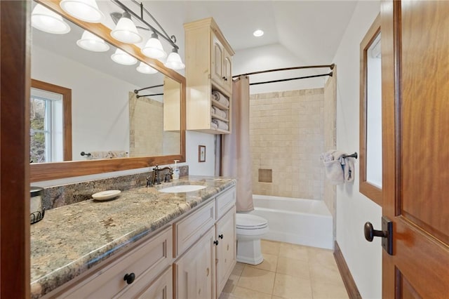 604 Top Ridge Dr, Sunset, SC 29685 - bathroom with vanity, toilet, tile patterned flooring, and shower / bathtub combination with curtain