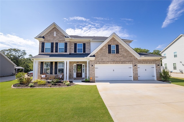 craftsman-style house with a porch, a garage, and a front yard