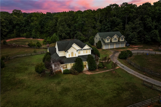 view of aerial view at dusk