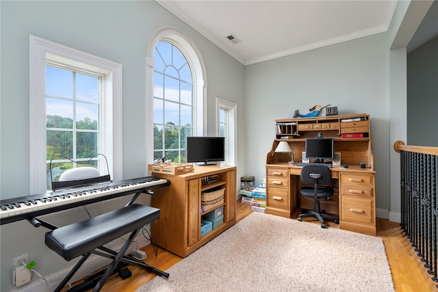 home office featuring ornamental molding and light wood-type flooring