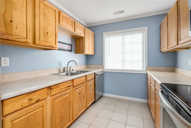 kitchen with light tile patterned floors, ornamental molding, appliances with stainless steel finishes, and sink