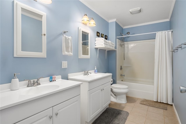 full bathroom with crown molding, shower / tub combo, vanity, and toilet