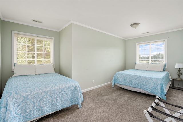 carpeted bedroom featuring ornamental molding