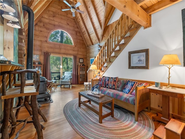 living room featuring beam ceiling, wooden ceiling, high vaulted ceiling, wood walls, and hardwood / wood-style floors