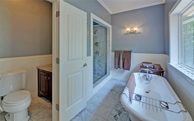 full bathroom featuring plus walk in shower, tile patterned floors, ornamental molding, vanity, and toilet