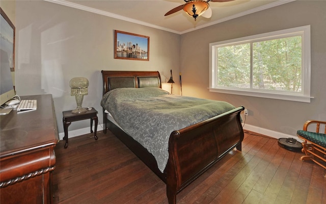 bedroom with ceiling fan, dark wood-type flooring, and crown molding