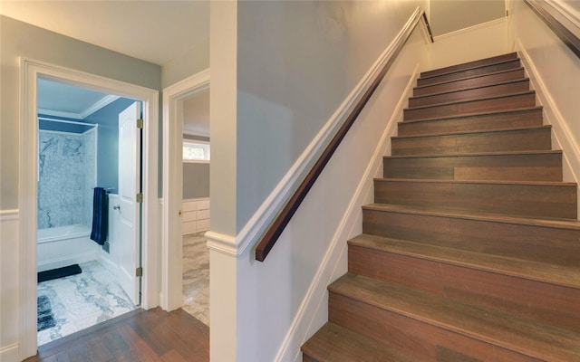 staircase featuring ornamental molding and hardwood / wood-style flooring