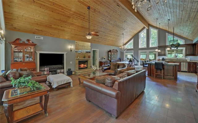 living room featuring high vaulted ceiling, beamed ceiling, wooden ceiling, and a fireplace