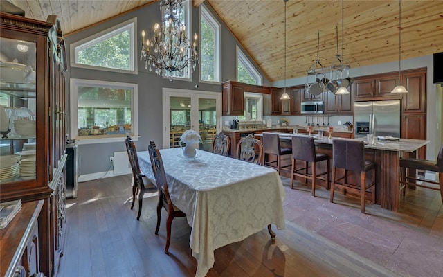 dining space featuring dark hardwood / wood-style flooring, a chandelier, high vaulted ceiling, and wooden ceiling