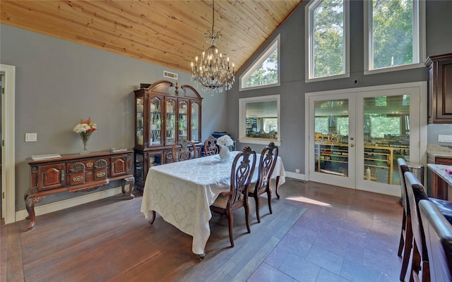 dining space with french doors, a notable chandelier, high vaulted ceiling, and wooden ceiling