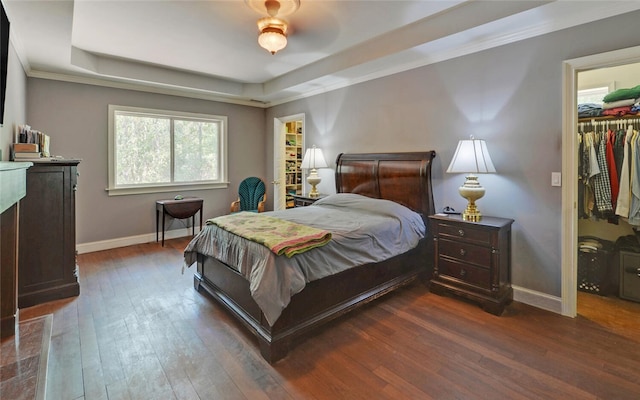 bedroom with a raised ceiling, a closet, ceiling fan, a walk in closet, and dark hardwood / wood-style floors