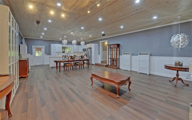 living room featuring wood ceiling and hardwood / wood-style flooring