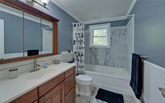 full bathroom with shower / bathtub combination with curtain, crown molding, vanity, and toilet