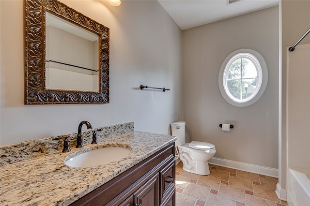 full bathroom featuring vanity, toilet, and shower / washtub combination