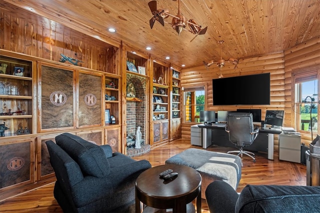 home office with hardwood / wood-style flooring, wooden ceiling, a healthy amount of sunlight, and built in features