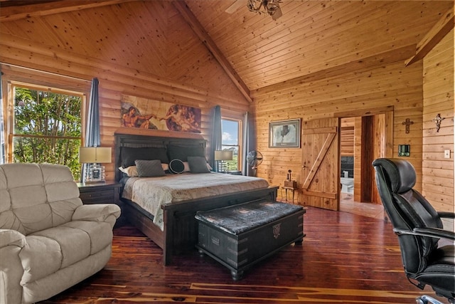 bedroom with high vaulted ceiling, multiple windows, beamed ceiling, and dark wood-type flooring