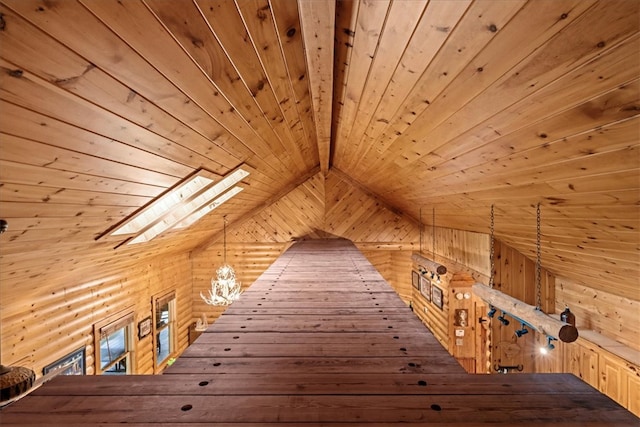 bonus room featuring wooden ceiling, lofted ceiling with skylight, and wood walls