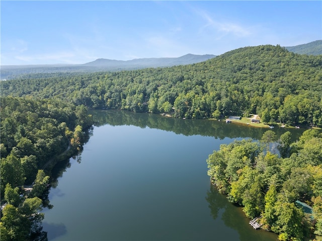 aerial view featuring a water and mountain view