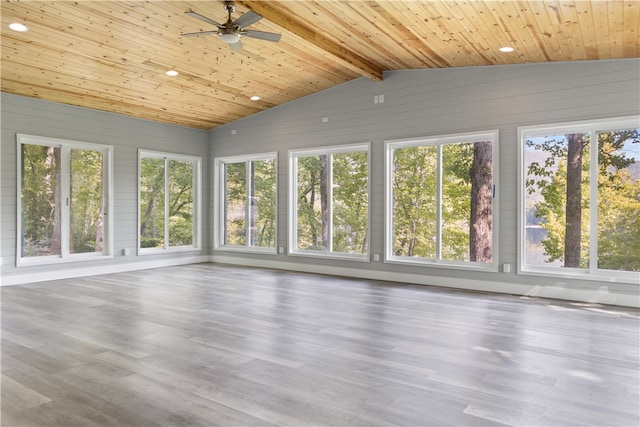 unfurnished sunroom with lofted ceiling with beams, a wealth of natural light, ceiling fan, and wood ceiling