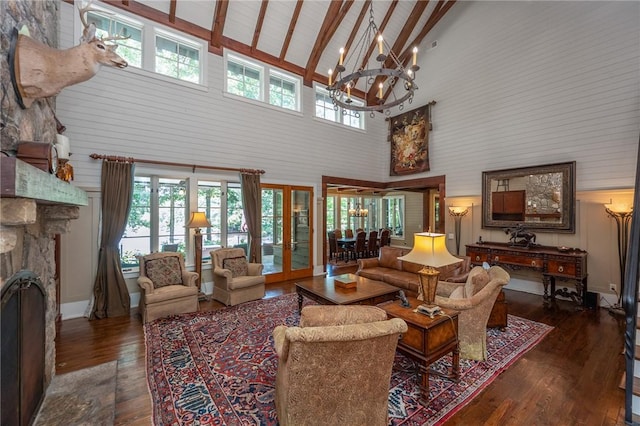 202 Passion Flower Way, Sunset, SC 29685 - living area with high vaulted ceiling, a chandelier, hardwood / wood-style floors, plenty of natural light, and beam ceiling