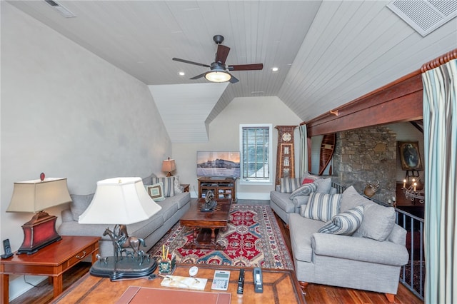 living room with ceiling fan, hardwood / wood-style flooring, wood ceiling, and vaulted ceiling