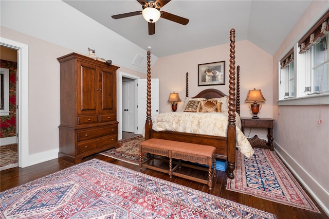 bedroom featuring lofted ceiling, ceiling fan, and dark wood-type flooring