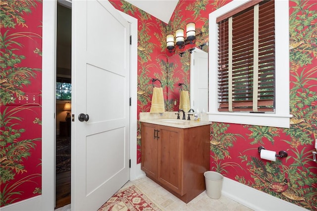 202 Passion Flower Way, Sunset, SC 29685 - half bathroom featuring wallpapered walls and vanity