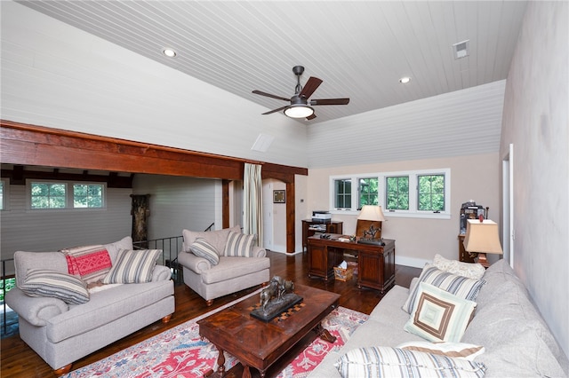 living room featuring ceiling fan, dark hardwood / wood-style floors, and a wealth of natural light