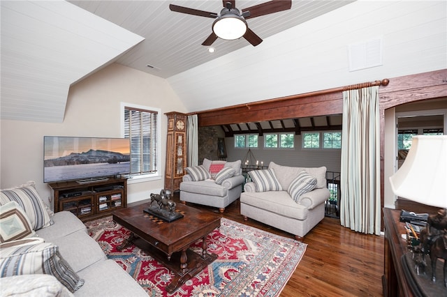 living room featuring lofted ceiling, ceiling fan, wooden ceiling, and dark wood-type flooring