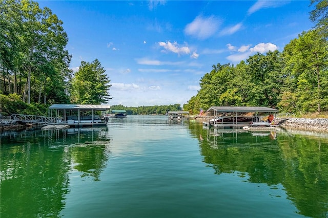 202 Passion Flower Way, Sunset, SC 29685 - dock with a water view, a wooded view, and boat lift