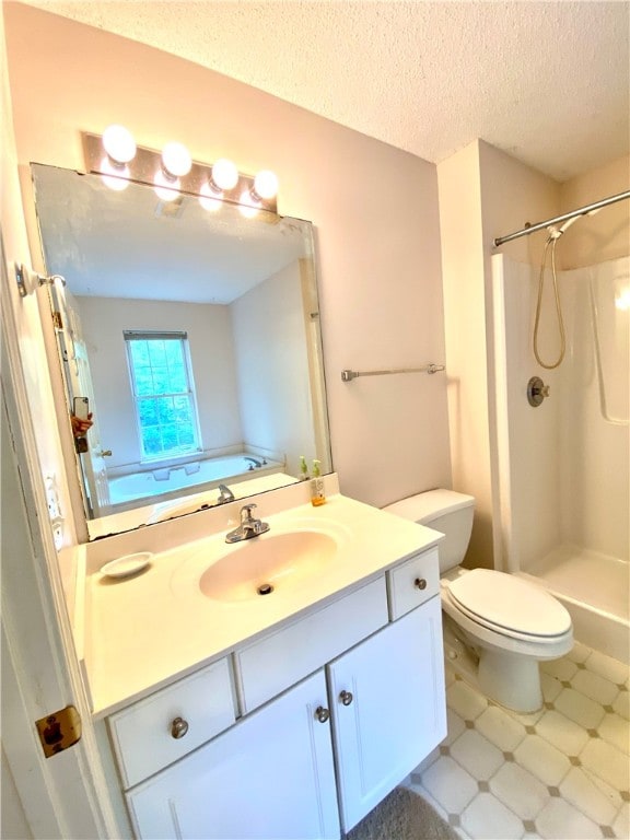 full bathroom with vanity, independent shower and bath, a textured ceiling, and toilet