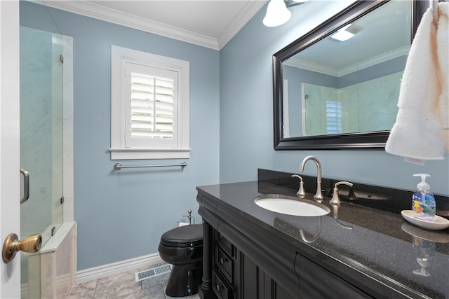 bathroom featuring a shower with shower door, toilet, ornamental molding, and vanity