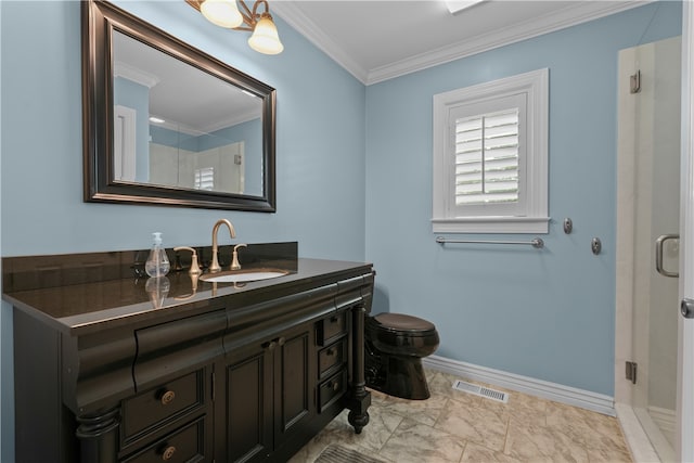 bathroom with toilet, crown molding, and vanity