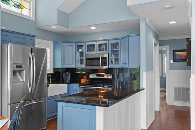 kitchen with appliances with stainless steel finishes, sink, dark hardwood / wood-style floors, kitchen peninsula, and blue cabinets