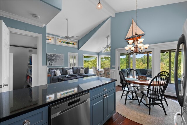 kitchen with dishwasher, blue cabinetry, decorative light fixtures, ceiling fan with notable chandelier, and dark hardwood / wood-style floors