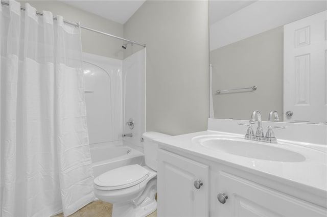 full bathroom with shower / bath combination with curtain, tile patterned flooring, vanity, and toilet