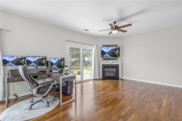 office space featuring hardwood / wood-style floors and ceiling fan