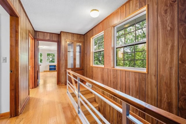 286 Nostradamus Ct, Salem, SC 29676 - hallway featuring wooden walls, light wood finished floors, ornamental molding, and a textured ceiling