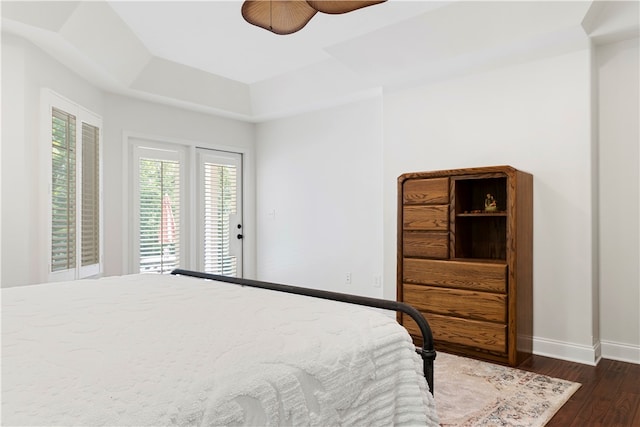 bedroom with a tray ceiling and dark hardwood / wood-style floors