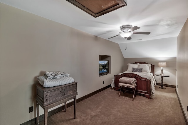 carpeted bedroom with lofted ceiling and ceiling fan