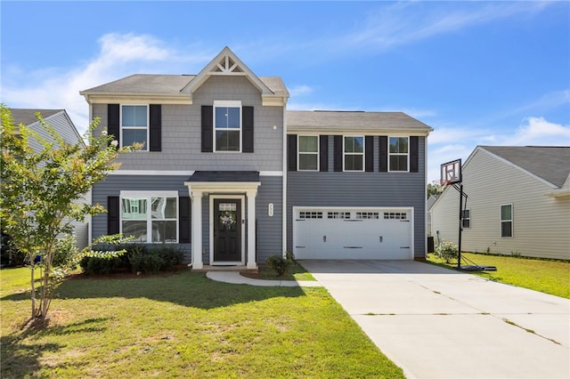 view of front facade featuring a front lawn and a garage