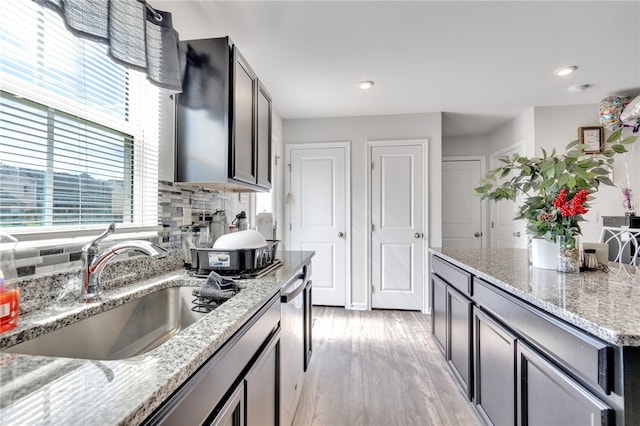 kitchen with decorative backsplash, light stone countertops, light wood-type flooring, stainless steel dishwasher, and sink