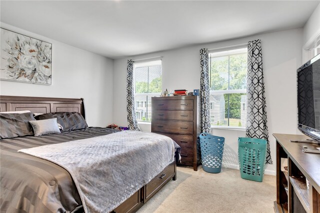 bedroom featuring light carpet and multiple windows